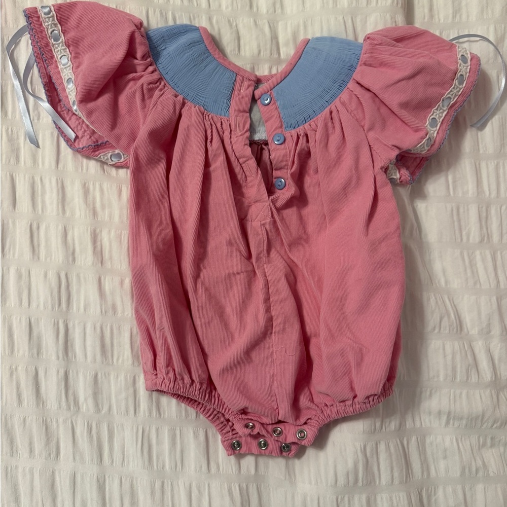 Pink Baby Smock with Embroidered Golf Carts and Christmas Trees - Picture 2 of 3